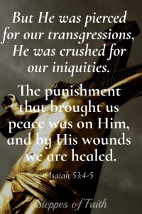 "But He was pierced for our trangressions, He was crushed for our iniquities. The punishment that brought us peace was on Him, and by His wounds we are healed." Isaiah 53:4-5