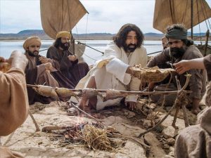 Jesus eats breakfast with His disciples after His resurrection.