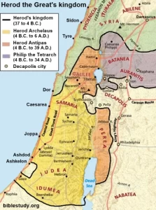 Map of Herod's kingdom after he split it up between three of his sons and his sister.