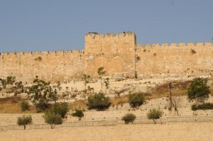 The sealed East Gate of Jerusalem as seen from the Mount of Olives and across the Kidron Valley.