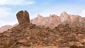Moses struck the rock in Horeb with his staff to release drinking water to the Israelites.